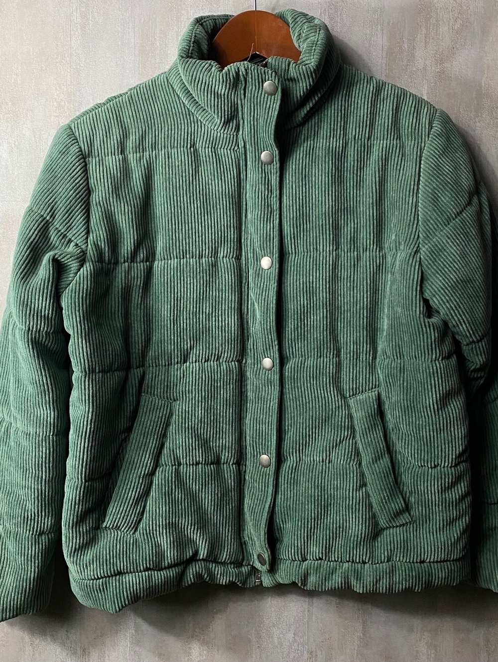 Vintage Aesthetic Sage Green Corduroy Puffer Jacket Cropped Fall Coat S / XL